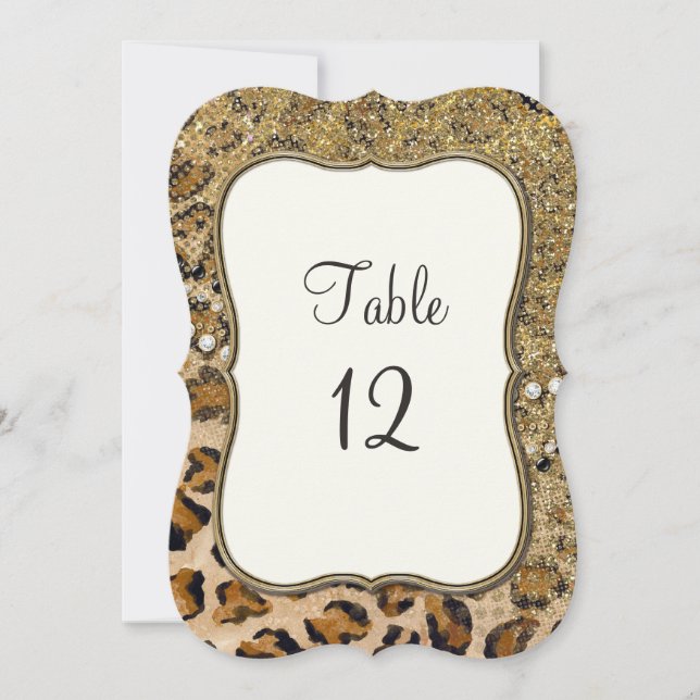 Convite Números de Mesa Padrão Leopardo Brilho Dourado Nat (Frente)