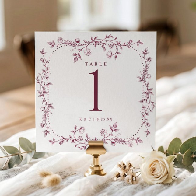 Convite Números de Mesa para Casamento com Toile Floral Ve (Dark wine red square wedding table number with vintage French floral frame.)