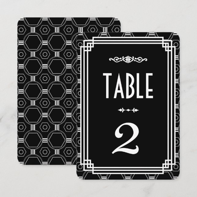 Convite Números de Mesa Preto e Branco Art Déco para Casam (Frente/Verso)