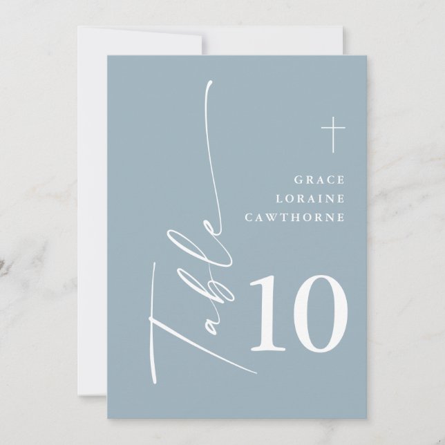 Convite Números de Tabela Azul Dusty de Script Elegante Mo (Frente)