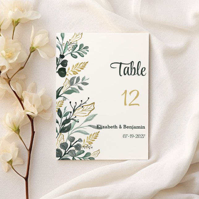 Convite Números de tabela da cor aquática botânica dourada (Botanical watercolor gold greenery Table Numbers)