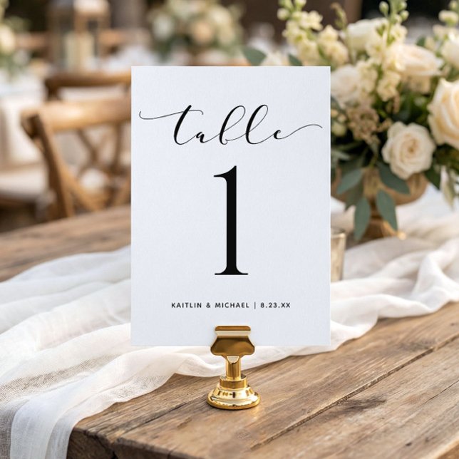 Convite Números de Tabela de Casamento 5x7 Script Suave Mo (Wedding table numbers - bouncy script black and white)