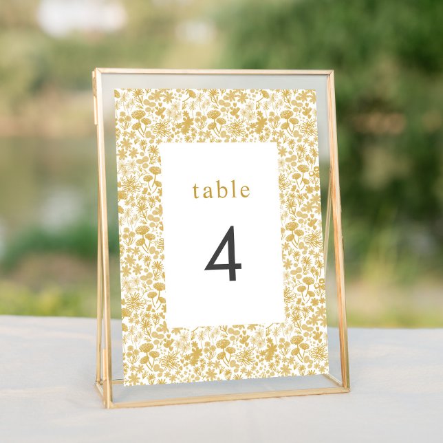 Convite Números de Tabela de Casamento Floral do Ouro Vint (Golden watercolor ditzy floral wedding suite elegant table number sign.)