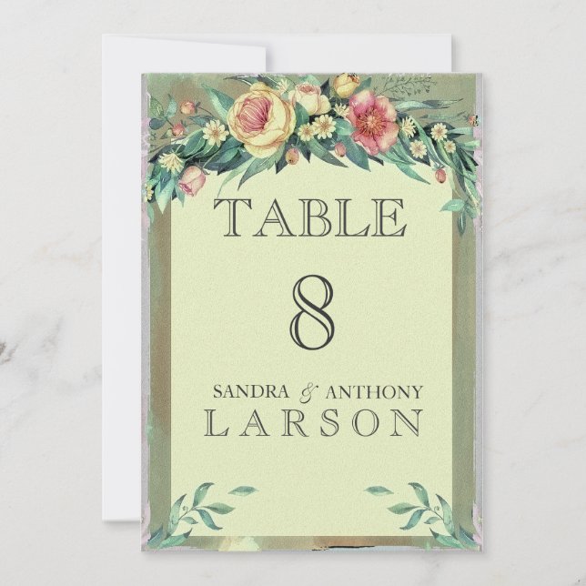 Convite Números de Tabela de Casamento Verde Floral de Aqu (Frente)