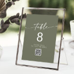 Convite Números de Tabela de Códigos QR Verde-Oliva-Chic<br><div class="desc">Estes números de tabela de código QR verde-azul-boho são perfeitos para um casamento minimalista. A design boêmica moderna de tom verde-escuro de madeira apresenta caligrafia rustica simples com um estilo único, mas clássico. O design impressão na frente e atrás. Digite seu endereço na seção de código QR do modelo e...</div>