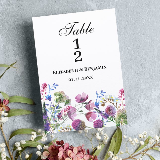 Convite Números de tabela de flores silvestres roxas, cor- (Pink lavender purple wildflower Table Numbers)