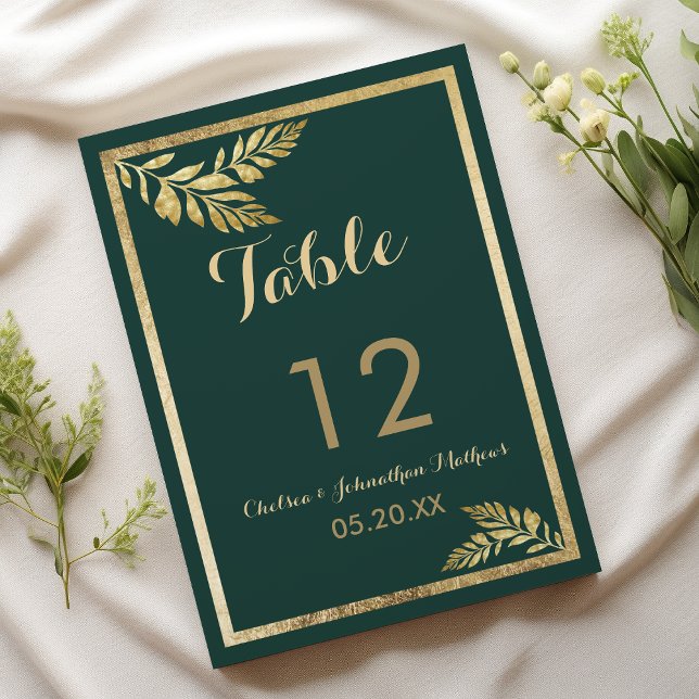 Convite Números de Tabela de Folhas de ouros verdes da flo (Elegant forest green golden leaf Table Numbers)