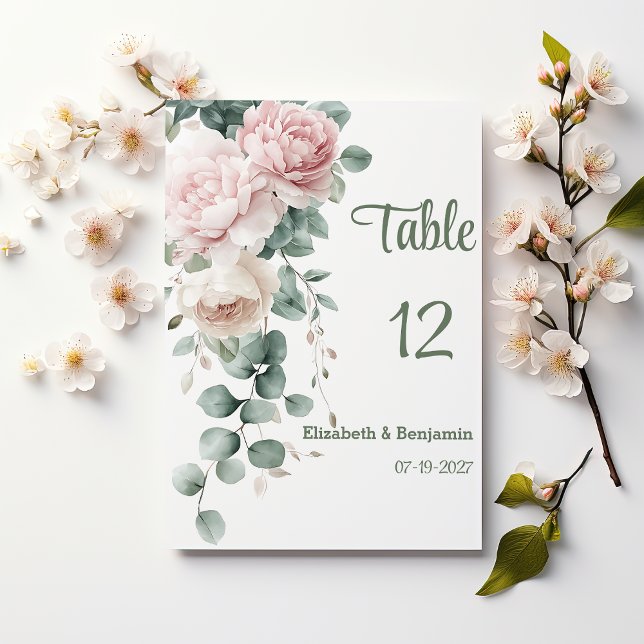 Convite Números de tabela de peões de terras rosa eucalipt (Pink garland peonies eucalyptus leaf Table Numbers )