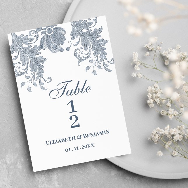 Convite Números de tabela de rendas florais azuis na moda  (Stylish white mauve blue floral lace Table Numbers)