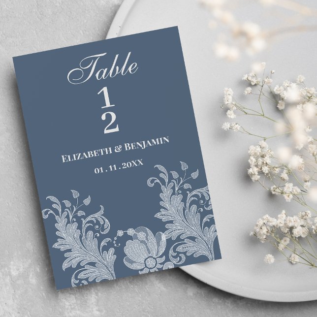 Convite Números de tabela de rendas florais brancas e azui (Simple mauve blue white floral lace Table Numbers)
