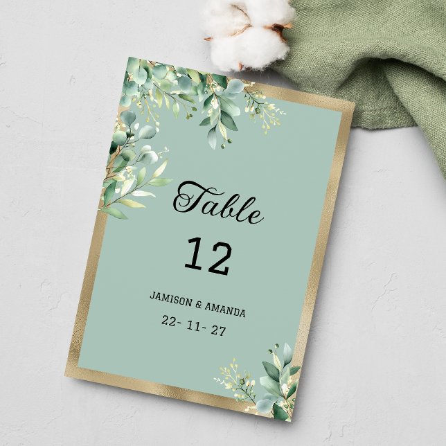 Convite Números de tabela do ouro-da-casa-russa eucalipto (Rustic mint gold eucalyptus leaves Table Numbers )