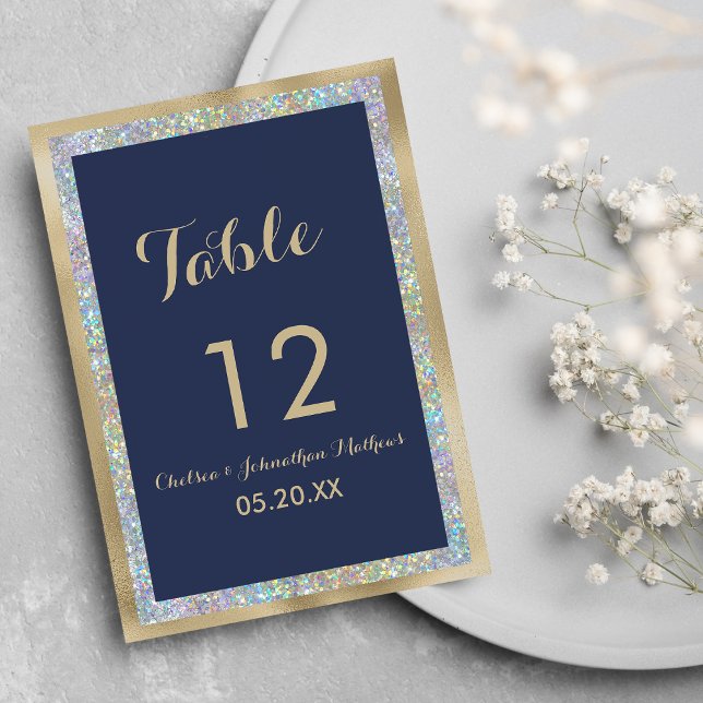Convite Números de tabela holográfica dourada azul marinho (Navy blue gold silver holographic Table Numbers)