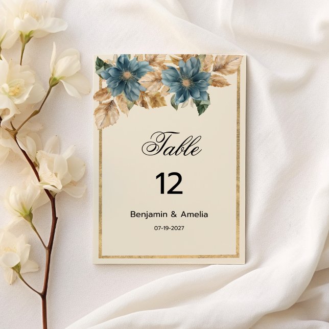 Convite Números de Tabela primavera floral de ouro marfim  (Blue ivory gold fall spring floral Table Numbers)