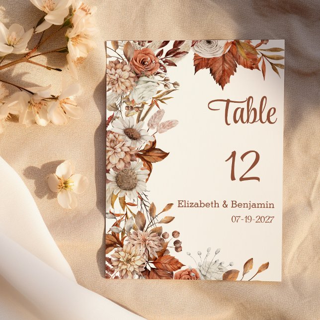 Convite Números de Tabela Rústica da flora laranja branca  (Brown white orange fall flora rustic Table Numbers)
