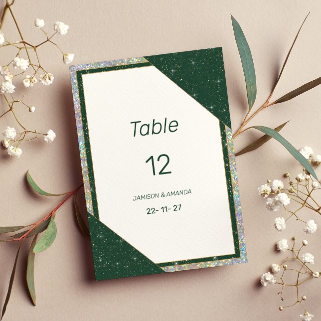 Convite Números geométricos de tabela de brilho verde-escu (Geometric dark green gold sparkle Table Numbers)