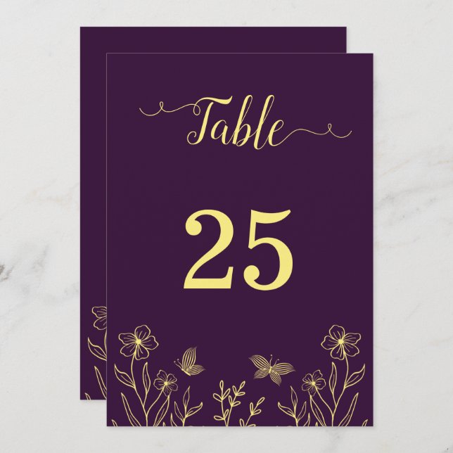 Convite Números roxos de mesa roxas de flor de ouro elegan (Frente/Verso)