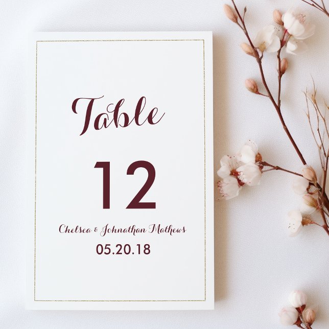 Convite Números simples e elegantes de mesa de burgundy de (Simple elegant white gold burgundy Table Numbers)