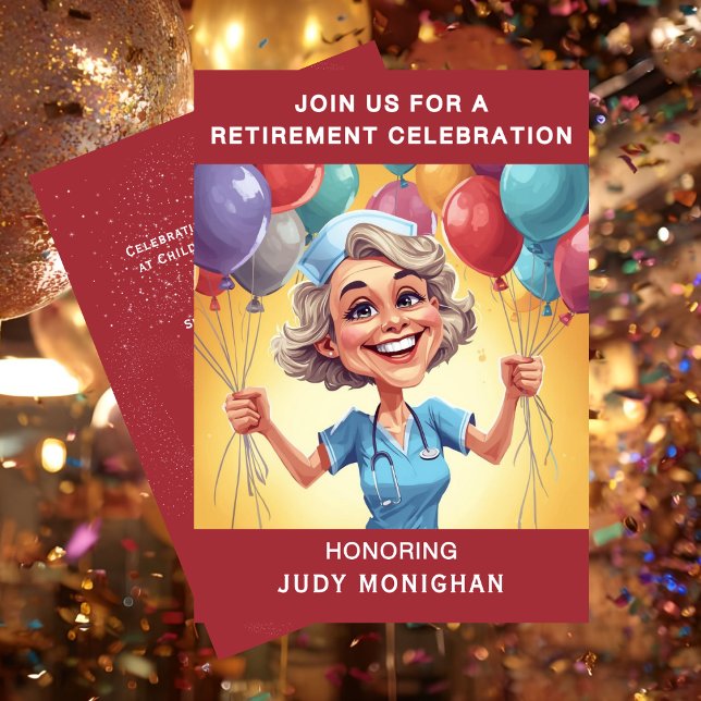 Convite Nurse Caricature Funny Retirement Party  (Funny Retirement Nurse Caricature Invitation)