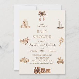 Convite Nursery Boho em aquarela brinquedos bege chá de be