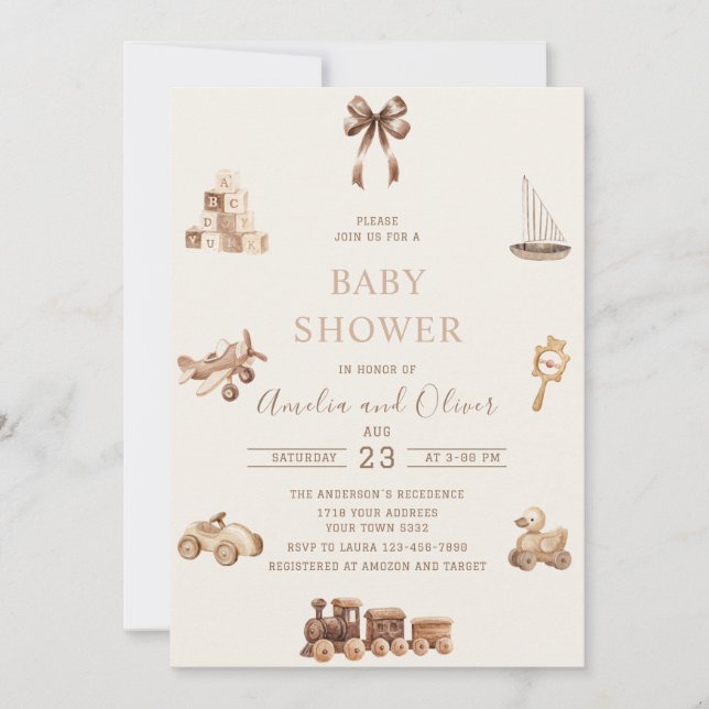 Convite Nursery Boho em aquarela brinquedos bege chá de be (Frente)