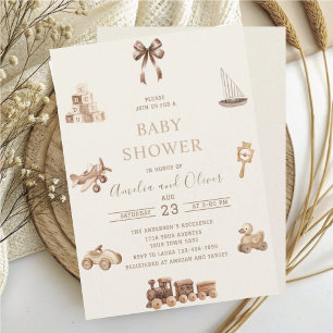 Convite Nursery Boho Watercolor brinquedos bege chá de beb