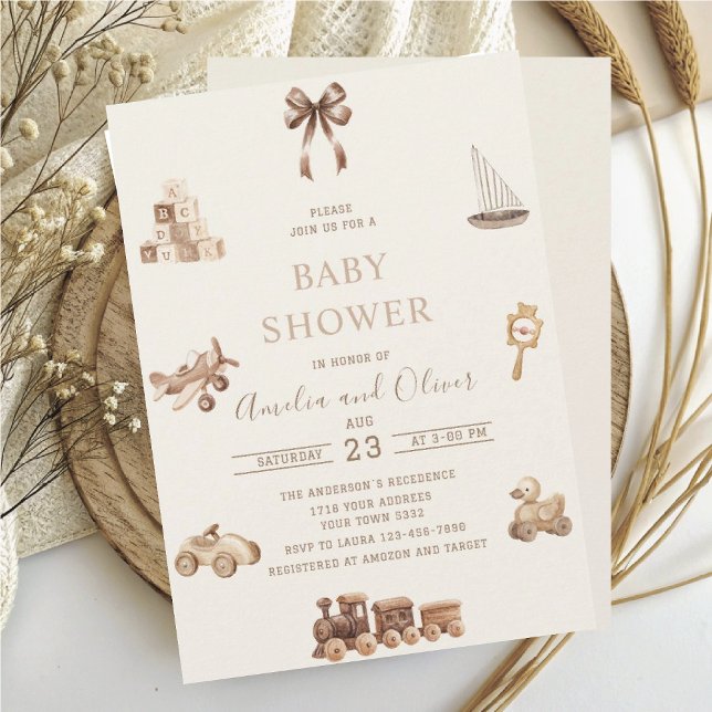Convite Nursery Boho Watercolor brinquedos bege chá de beb (Criador carregado)