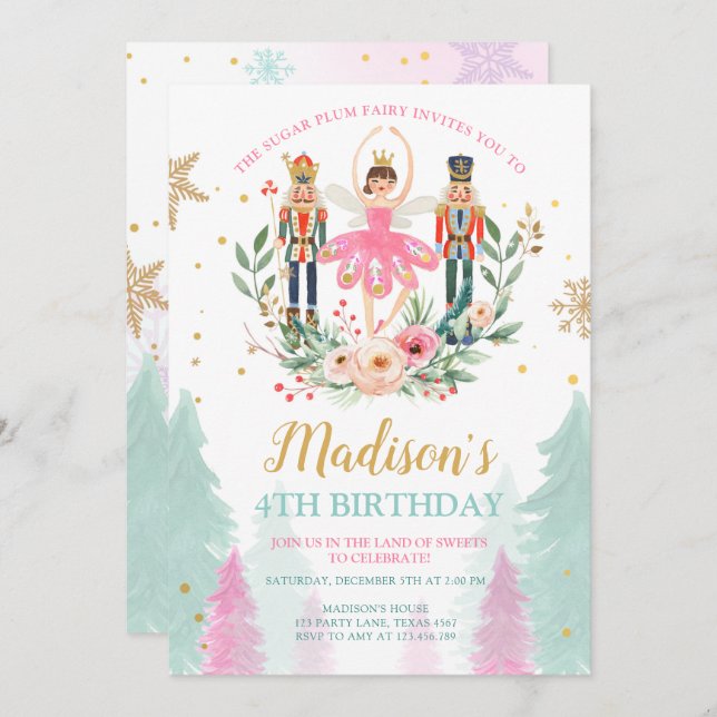 Convite Nutcracker Birthday Garota Balé Suger Plum (Frente/Verso)