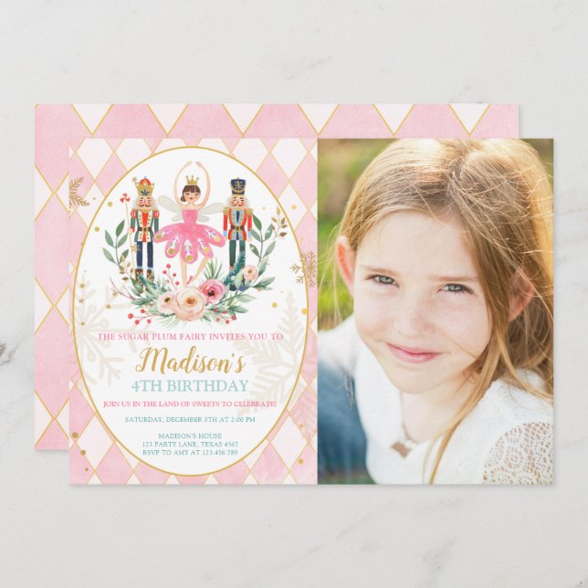 Convite Nutcracker Birthday Garota Balé Suger Plum (Frente/Verso)