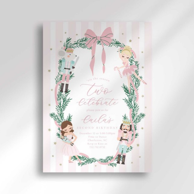 Convite Nutcracker de Ballet com Laço Listrado Rosa para 2 (Criador carregado)