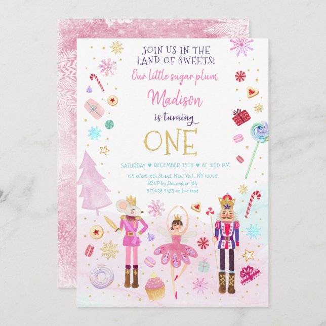 Convite Nutcracker Land of Sweets Winter First Birday (Frente/Verso)