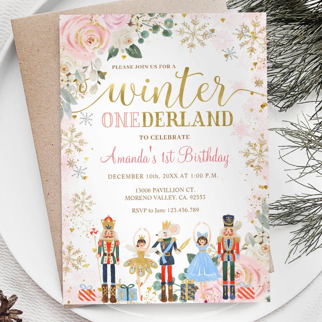 Convite Nutcracker Pink Snowflakes Onederland Aniversário (Criador carregado)