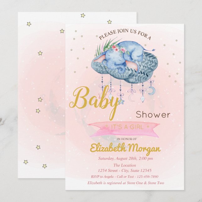 Convite Nuvem de Elefante Bebê Fofo, Chuvinha de Estrelas  (Frente/Verso)