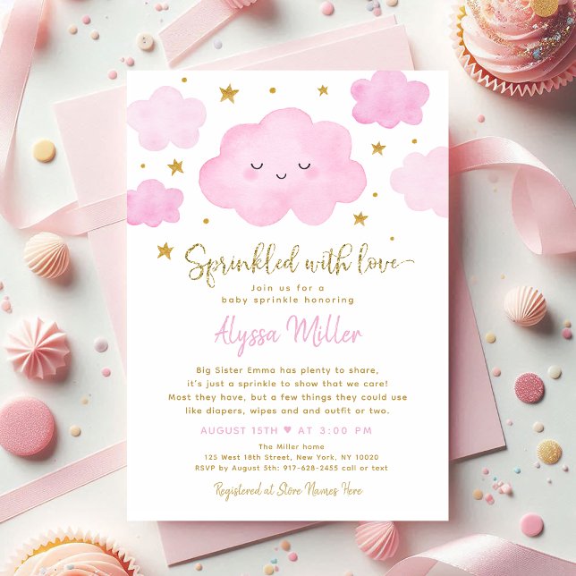 Convite Nuvem de Menina Rosa Polvilhada com Amor Bebê Polv (Criador carregado)