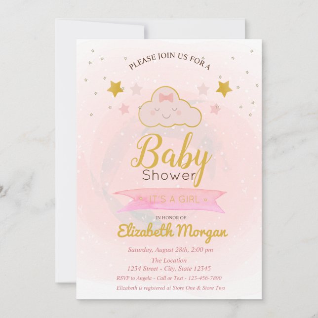 Convite Nuvem Fofa, Estrelas É um Chá de Bebê Menina (Frente)