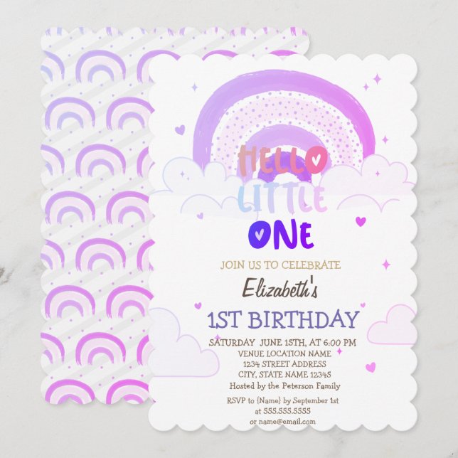 Convite Nuvens Arco-íris Violeta Olá Pequeno Aniversário (Frente/Verso)