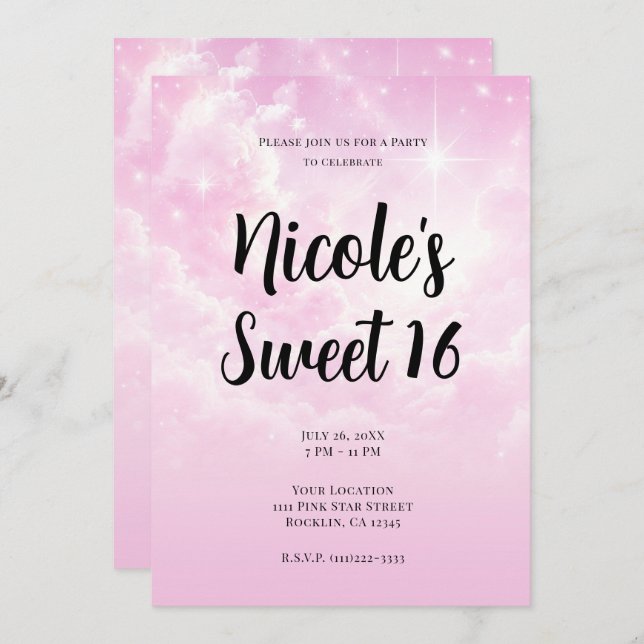 Convite Nuvens de Algodão Cor-de-rosa, Starry Sky Sweet 16 (Frente/Verso)
