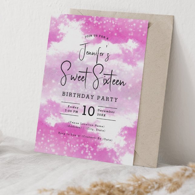 Convite Nuvens de Aquarela Rosa Quente, Doce Festa 16 (Hot Pink Watercolor Clouds Sweet 16 Party Invitation)