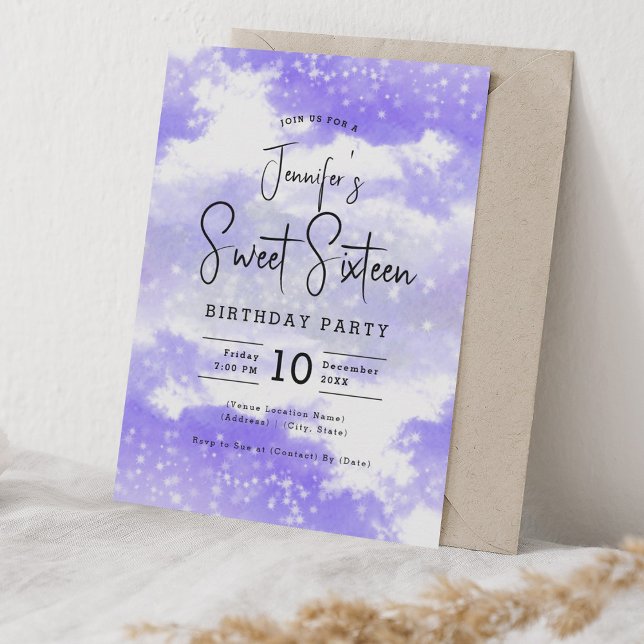 Convite Nuvens de Aquarela Roxa Doce 16 (Purple Watercolor Clouds Sweet 16 Party Invitation)
