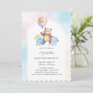 Convite Nuvens de Balão de Urso de Pelúcia Primeiro Aniver