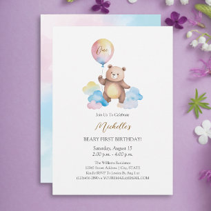 Convite Nuvens de Balão de Urso de Pelúcia Primeiro Aniver
