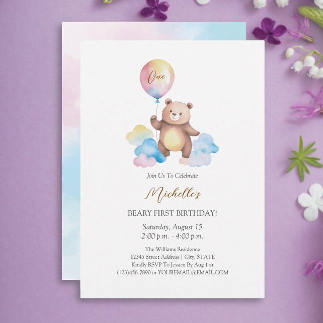 Convite Nuvens de Balão de Urso de Pelúcia Primeiro Aniver (Criador carregado)