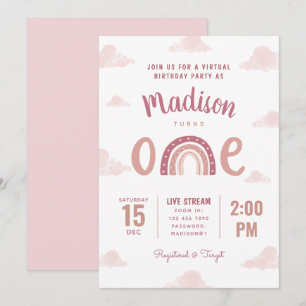 Convite Nuvens do Arco-Íris Rosa Pastel Nuvens Virtuais P