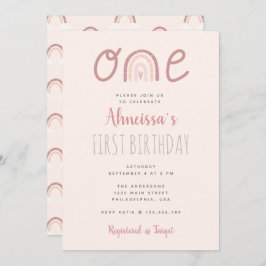 Convite Nuvens do Arco-Íris Rosa Pastel Primeiro Aniversár