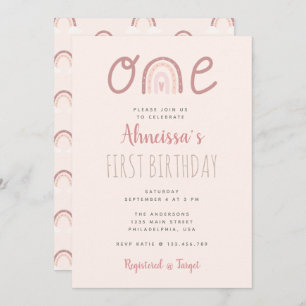 Convite Nuvens do Arco-Íris Rosa Pastel Primeiro Aniversár