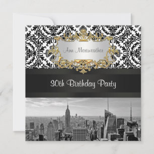 Convite NY City Skyline BW 431 Damask Festa de Aniversário