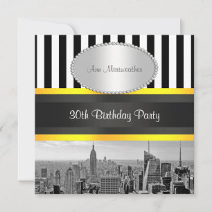 Convite NY City Skyline BW Blk Whp Yellow Birthday