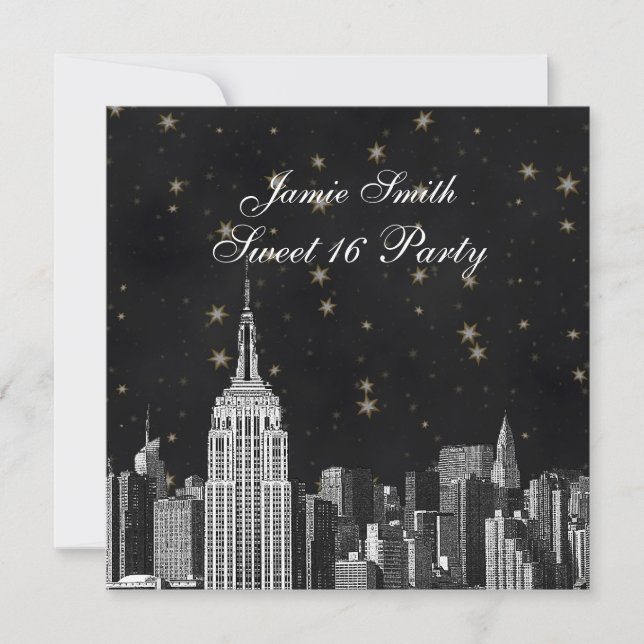 Convite NYC ESB Silhueta Etched Preta Estrela Doce 16 (Frente)