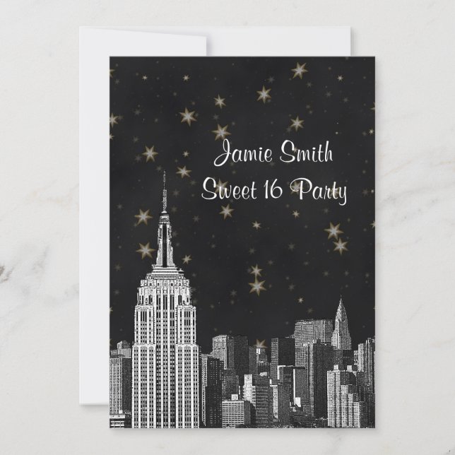 Convite NYC ESB Silhueta Gravada Estrela Negra Doce 16 V (Frente)