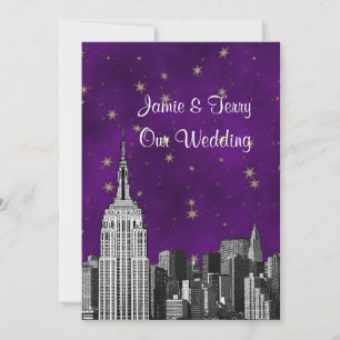 Convite NYC ESB Skyline Etch Purple Starry Casamento