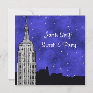 Convite NYC ESB Skyline Silhouette Blue Starry BG Sweet 16